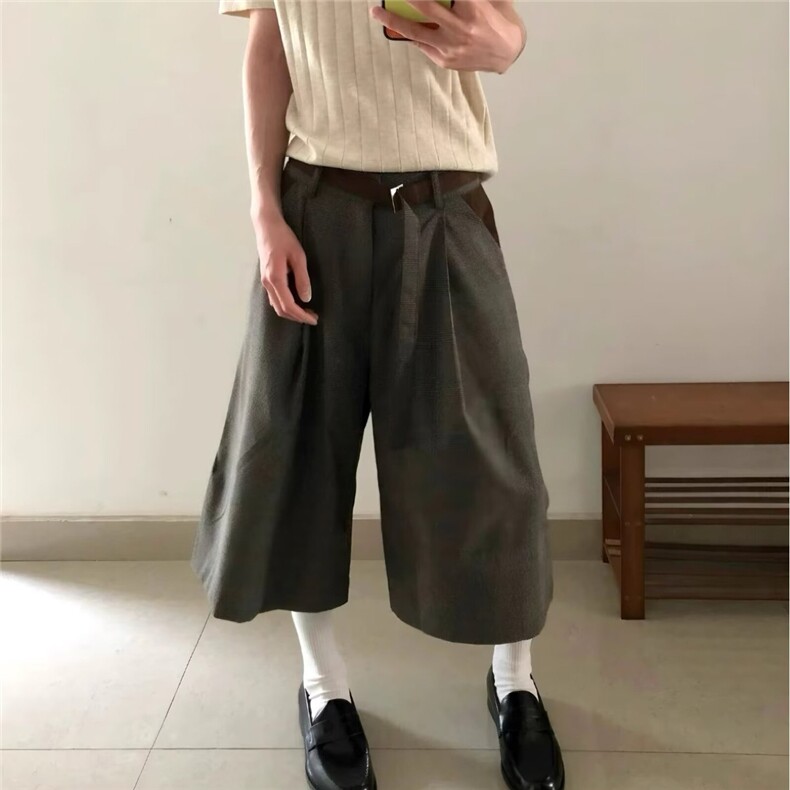 复古老钱风千鸟格休闲短裤男潮流简约夏季宽松百搭直筒阔腿七分裤图片