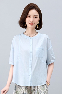 纯棉短袖衬衫女夏季2025年新款中年妈妈宽松休闲简约圆领衬衣上衣图片