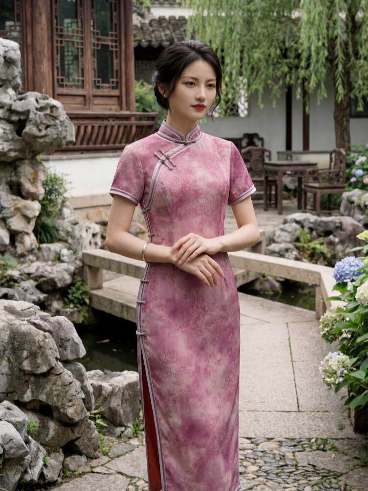 夏季新品时尚气质金丝提花弹力香云纱品质真丝喜庆中长款旗袍裙,女装汉服/婚纱/旗袍/礼服,媚琳依坊
