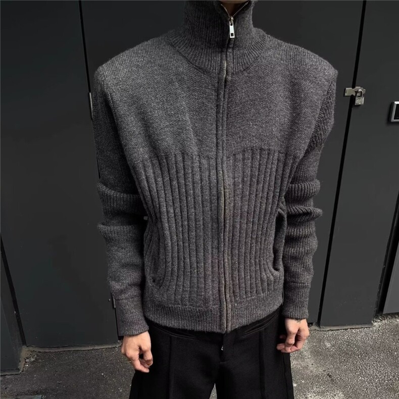 深灰色高领毛衣开衫男款秋季慵懒高级感针织衫美式双拉链正肩外套，男装针织衫/毛衣，星座513A