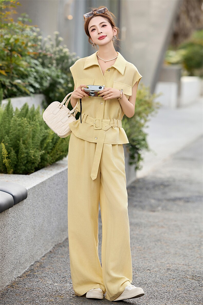黄色绝美休闲套装裤女2025夏季新款系带收腰衬衫工装阔腿裤两件套,女装套装/套裙,众宇琦