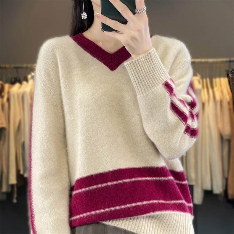 秋冬复古拼色100%纯羊毛衫女V领百搭套头针织毛衣宽松羊绒打底衫,女装羊毛衫,琳华羊绒