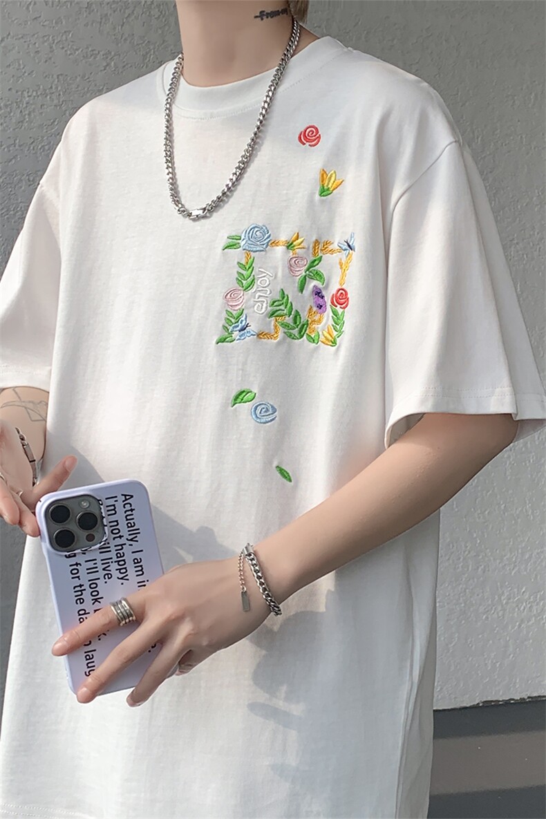 潮牌短袖T恤花绘刺绣设计感T恤美式复古条纹口袋短袖T恤半袖P48,男装T恤,电商B319