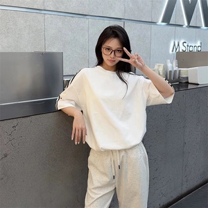 抖音得物高品质二开240克宽松纯棉美式潮牌三条杠织带短袖T恤图片