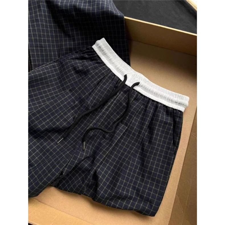 美式复古撞色格纹休闲裤小个子宽松垂感高腰直筒阔腿裤LK1088-P45,男装休闲裤,星座1008