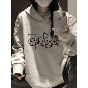 C310-P55 手绘线条狗印花连帽卫衣 学生情侣男女上衣图片