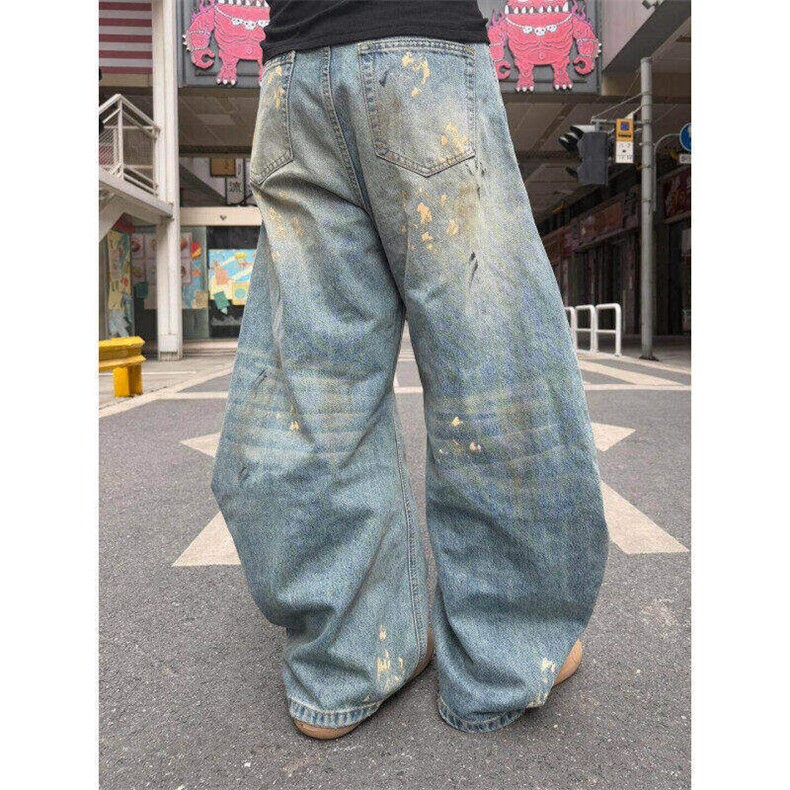 美式高街泼墨漆点设计感弯刀牛仔裤男女宽松阔腿长裤LN60322-P56,男装牛仔裤,星座1008
