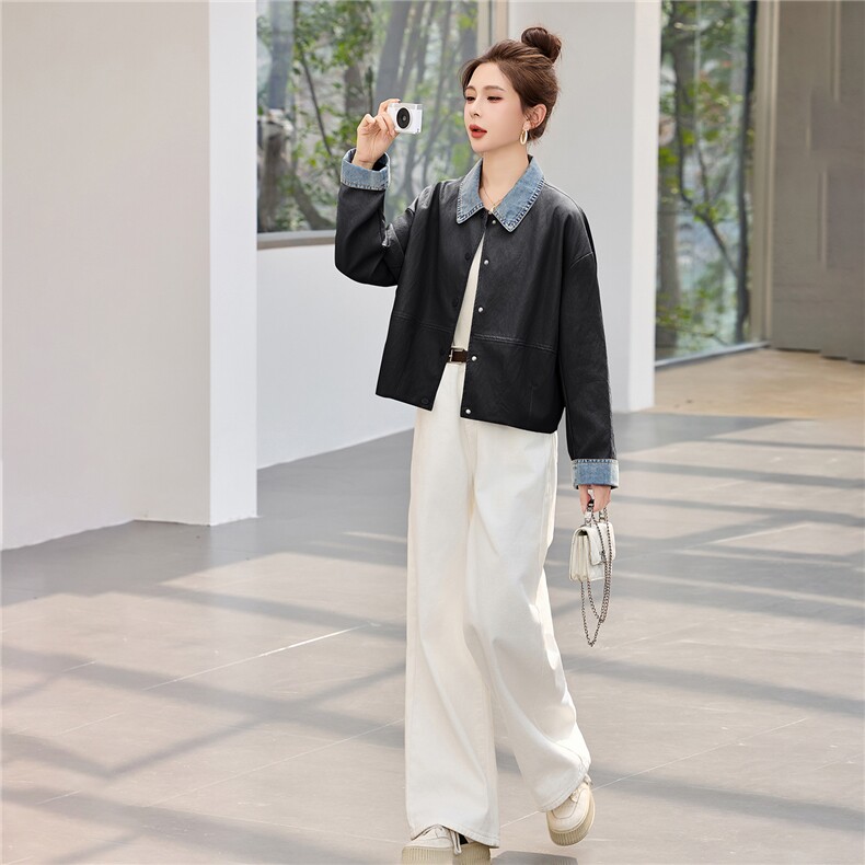 现货外套女2026新款春拼接牛仔简约翻领软皮衣夹克上衣女装PU,女装皮衣,依万里