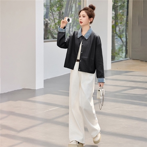 现货外套女2026新款春拼接牛仔简约翻领软皮衣夹克上衣女装PU图片