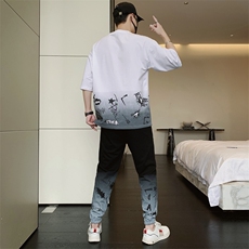 新款夏季潮流时尚T恤男装青少年宽松休闲圆领套装单衣F308P68，男装休闲套装，电商A086