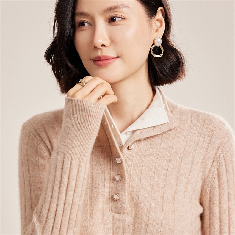 时尚双层领系扣坑条女士秋冬羊绒衫30%羊绒,女装羊绒衫,名驰羊绒