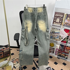 美式复古直筒黄泥染牛仔裤男秋多口袋吊带宽松工装裤潮NC46/P58，男装牛仔裤，星座506