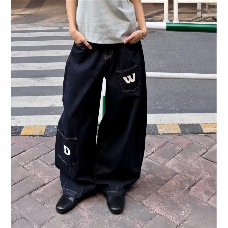 深蓝色字母印花阔腿牛仔裤美式设计感弯刀裤男网图8084-P55,男装牛仔裤,星座1001-1