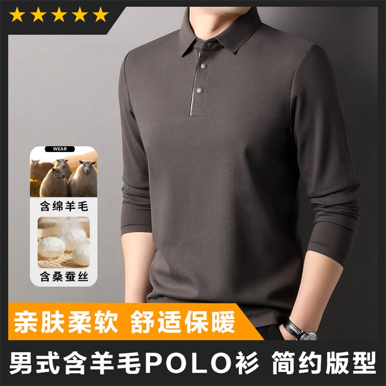 F83031莫代尔含羊毛摁扣门襟翻领长袖POLO磨毛保暖亲肤柔软图片