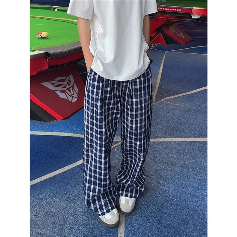 格子裤百搭舒适高腰显瘦阔腿休闲宽松慵懒蓝色格子裤CA104，男装休闲裤，星座516A