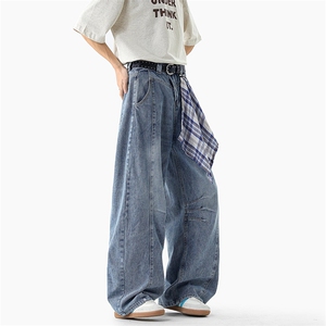 无影墙 美式高街格纹方巾牛仔裤男春季潮牌水洗弯刀裤子-A2387P55图片