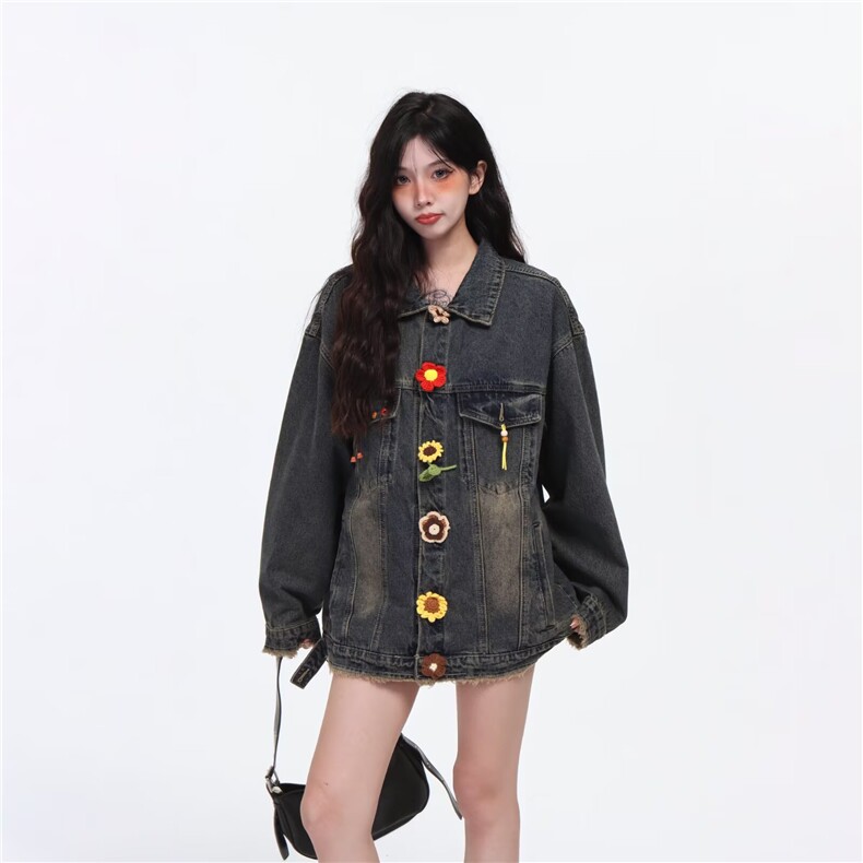 2580-P73做旧水洗牛仔外套女花朵2025新款设计感宽松百搭休闲，男装工装外套，电商B323A