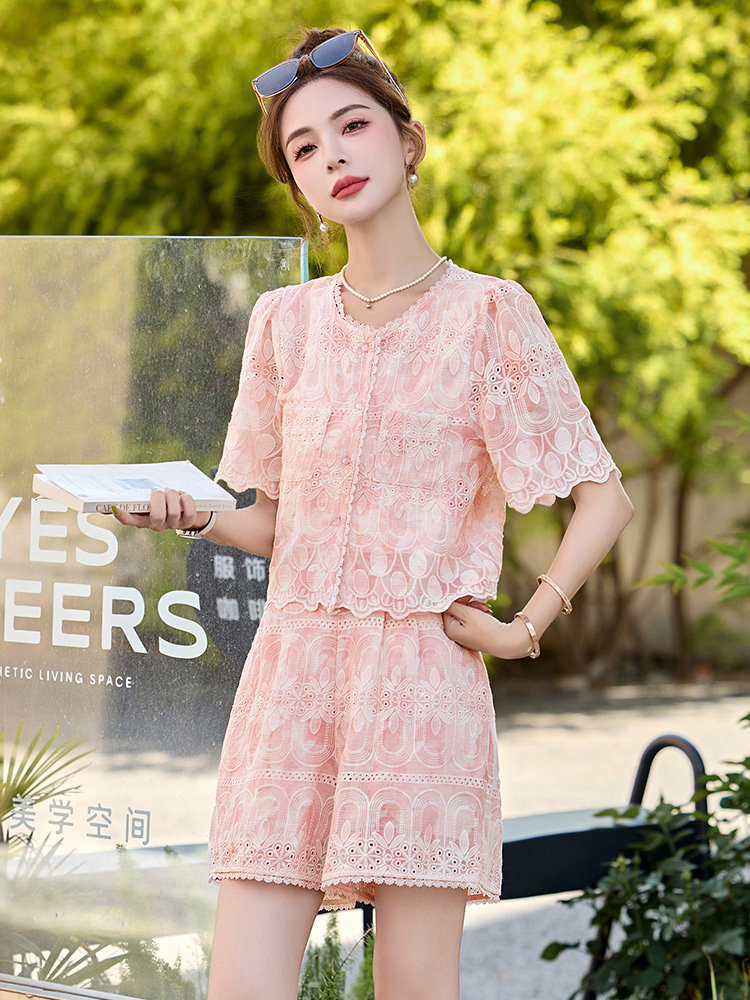 2025夏季新款时尚蕾丝花边拼接套装短裤女,女装套装/套裙,沁沁公主
