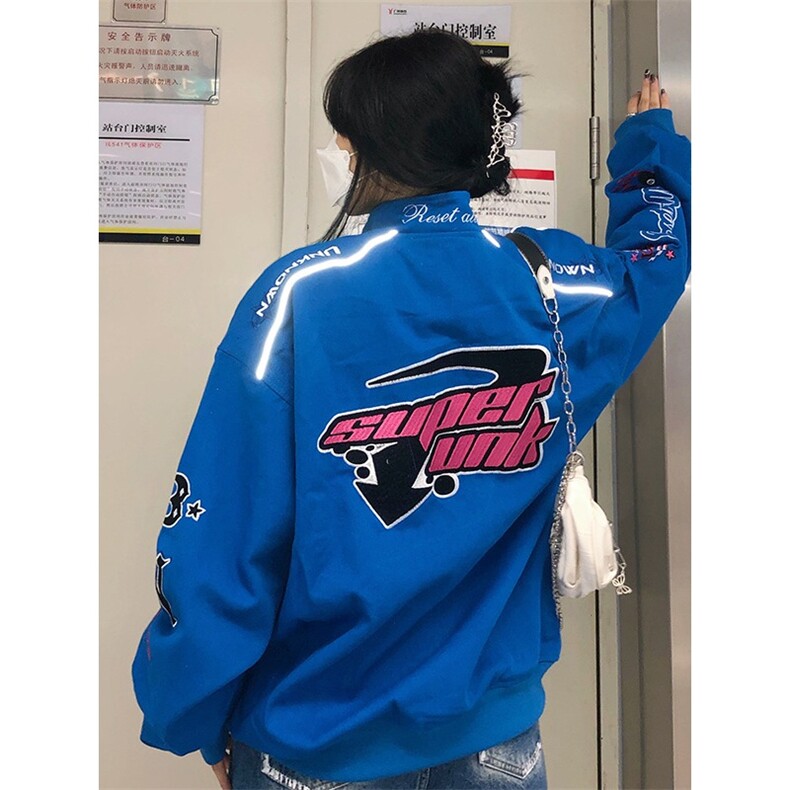 美式高街机车夹克外套男女春秋oversizec潮牌休闲情侣刺绣棒球服图片