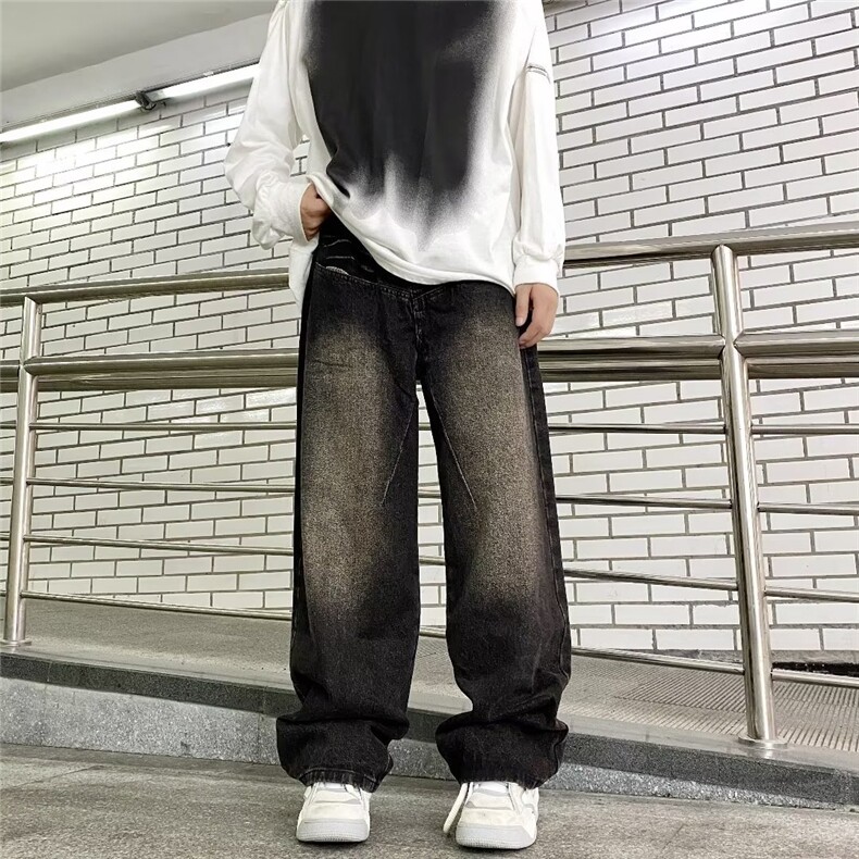 高街蓝深灰复古嘻哈直筒牛仔裤男女N5003-P48,男装牛仔裤,星座308B-2