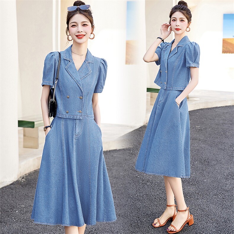 现货2024夏季时尚潮流舒适套装/套裙短袖中长款优雅牛仔两件套，女装套装/套裙，三木叶子