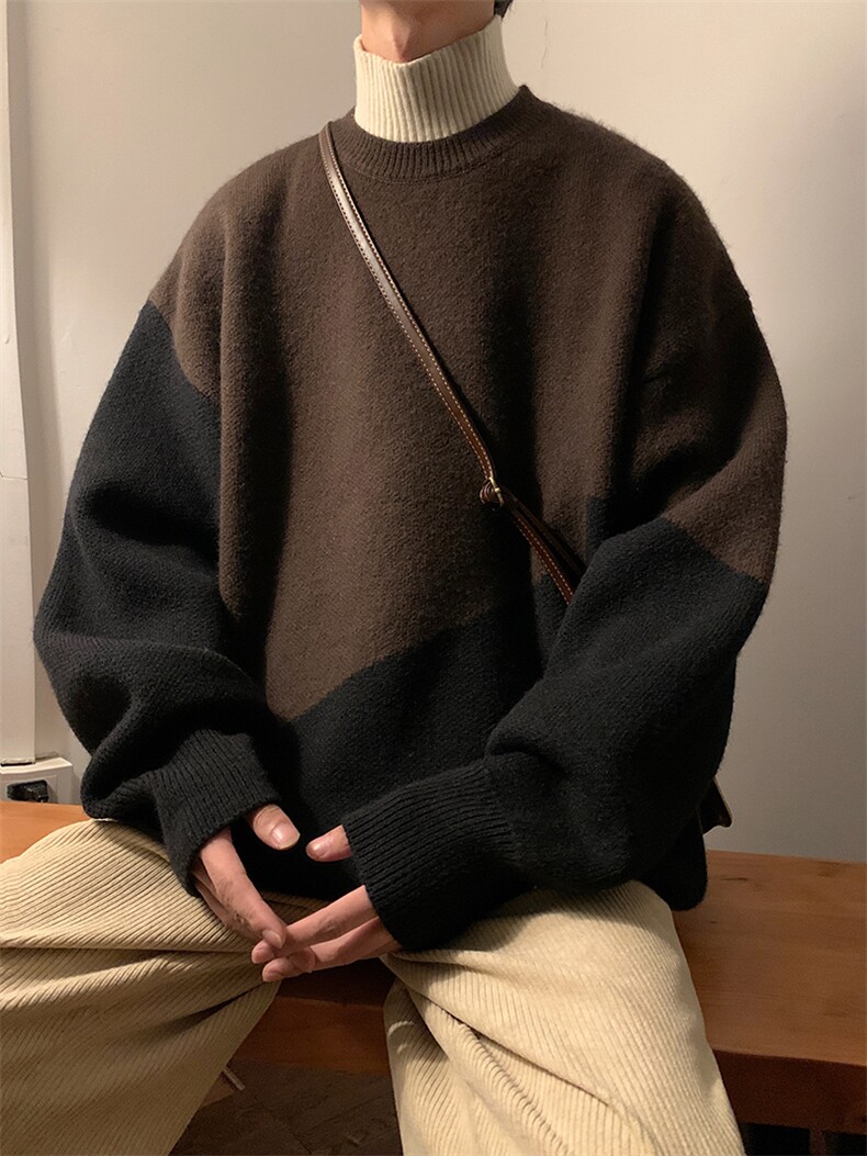 男士针织毛衣拼色假两件高领毛衣男A367M87P65控88,男装针织衫/毛衣,电商A367