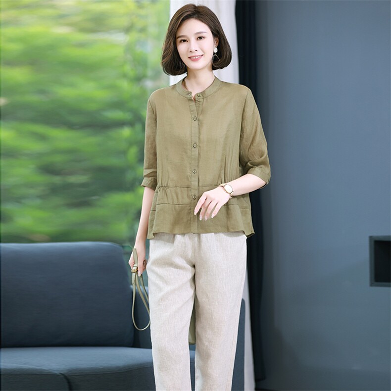 棉麻套装女2025夏季新款休闲时尚中年妈妈高端苎麻上衣亚麻两件套，女装套装/套裙，丽影随形