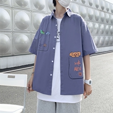 新款韩版时尚宽松百搭口袋涂鸦青少年夏短袖衬衫男衬衣W841-P32，男装衬衫，星座512-2