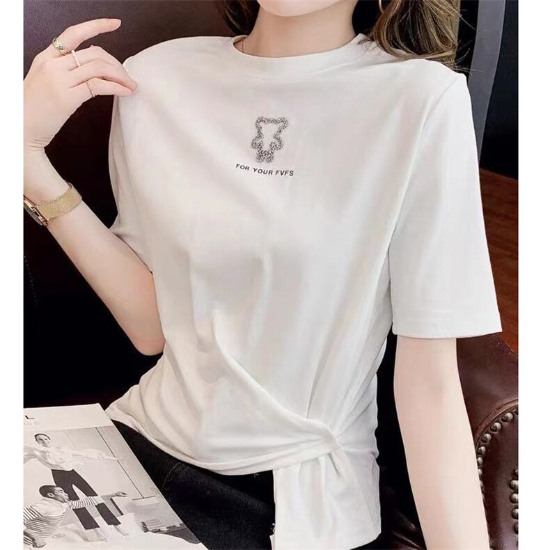 欧洲站2021夏季新款不规则开叉短款T恤女修身显瘦短袖打底衫上衣,女装T恤,潮品会
