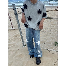 油漆涂鸦五角星牛仔裤男女款做旧宽松直筒裤XX725，男装牛仔裤，星座208-5