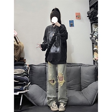B221美式ins高街暗黑系小众拉链直筒牛仔裤LK23073-P65控88，男装牛仔裤，电商B221