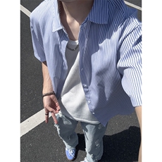 B221美式ins高街宽松薄款条纹短袖衬衫SY2552-特P28控49，男装T恤，电商B221