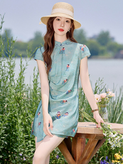 新中式风印花套装女2025夏季新款高级感复古盘扣气质短裤两件套，女装套装/套裙，玖莱伊