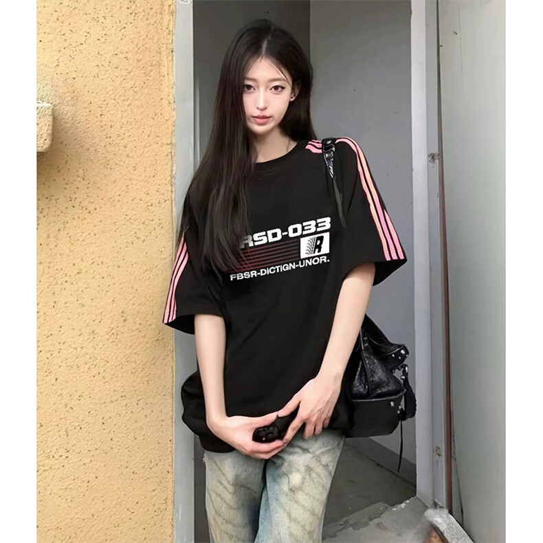 抖音得物品质二开240克宽松纯棉美式潮牌印花三条杠中性风短袖T恤,男装T恤,电商A486-1