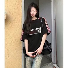 抖音得物品质二开240克宽松纯棉美式潮牌印花三条杠中性风短袖T恤，男装T恤，电商A486-1