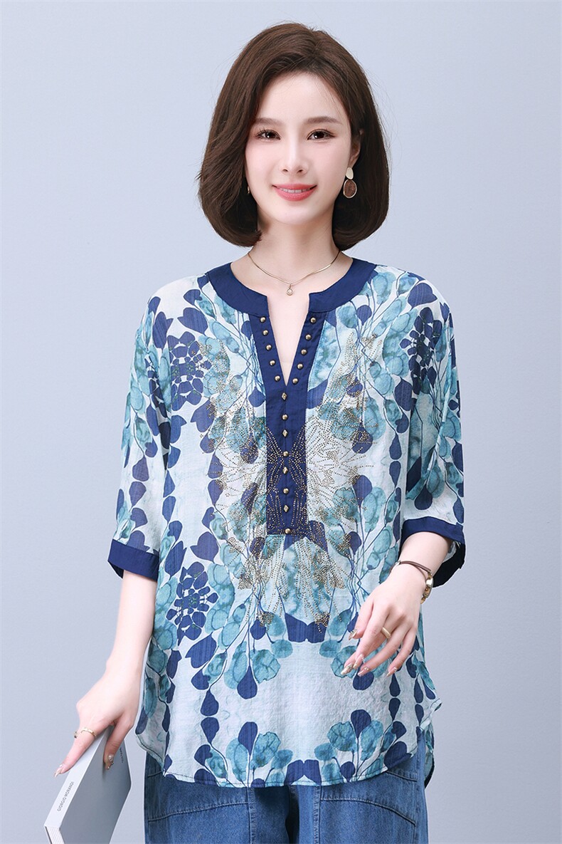 时尚宽松拼接印花镶钻短袖上衣优雅显瘦百搭女衬衫,女装衬衫,叶笙衣