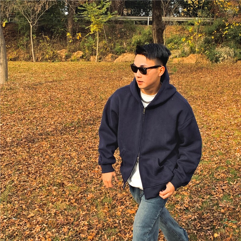 美式cleanfit灰色连帽卫衣男秋季复古休闲boxy短款宽松开衫外套,男装夹克,星座1210-1