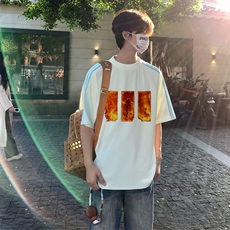 抖音得物品质二开240克宽松纯棉美式潮牌印花三条杠中性风短袖T恤，男装T恤，电商A486