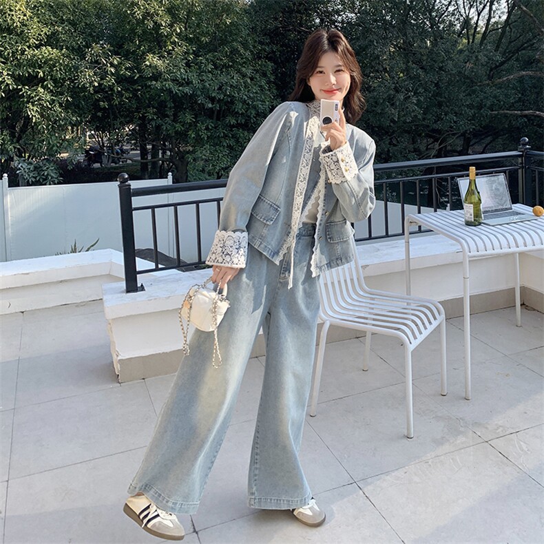 蕾丝花边拼接牛仔套装女2025春季新款盐甜系短款外套阔腿裤两件套,女装套装/套裙,2D076