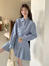 韩系竖条纹长袖衬衫连衣裙女2025秋新款学院风气质高腰显瘦a字裙，女装连衣裙，浙宝220