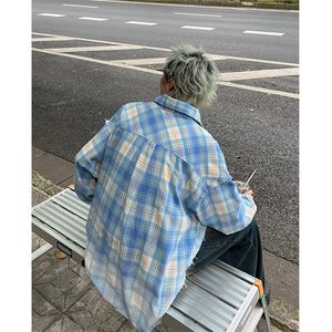 CS23-P45 秋冬新款男女宽松休闲格子长袖衬衫春秋薄款上衣外套图片