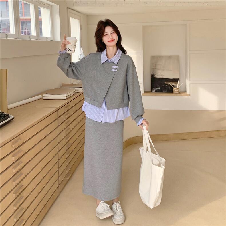 【新款】灰色假两件上衣+半身裙风套装W675P190K308,女装套装/套裙,2C209