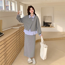 【新款】灰色假两件上衣+半身裙风套装W675P190K308，女装套装/套裙，2C209