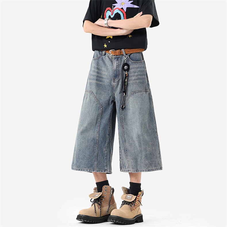 无影墙A2389P40控68-夏季美式复古牛仔短裤男水洗阔腿七分裤子，男装牛仔裤，电商B241