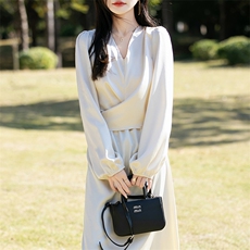 V领高腰显瘦法式设计感连衣裙女2025春季新高级感系带气质中长裙，女装连衣裙，佳绒高端店