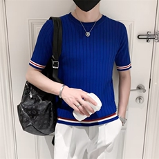 条纹冰丝短袖针织衫男修身薄款圆领套头半袖毛衣打底T恤衫潮S243，男装T恤，星座1116A-2（原606A-1）