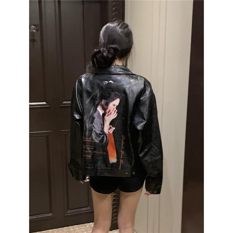 2026欧美酷飒蜻蜓女人像超清油墨印花复古皱纹路蜡面皮衣夹克男女,男装夹克,星座506A