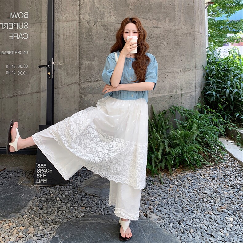 超火减龄穿搭蕾丝拼接花边上衣配阔腿裤女夏2025新款松弛感两件套,女装套装/套裙,2D034