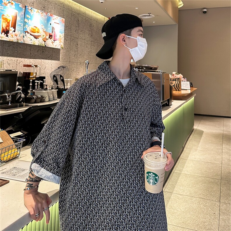 C8075/P35新款夏季冰丝宽松印花五分袖衬衣男大码潮个性衬衫上衣,男装衬衫,电商A141