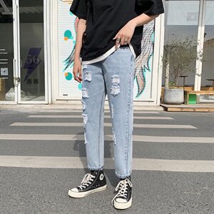 破洞牛仔裤男韩版九分裤bf港风宽松直筒乞丐裤图片